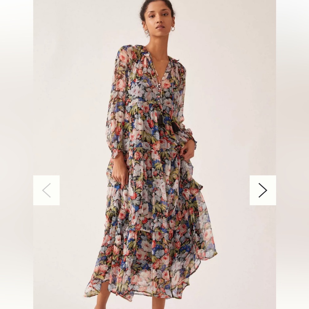 Anthropologie The Marais Printed Chiffon Maxi Dress w/black slip dress EUC Med
